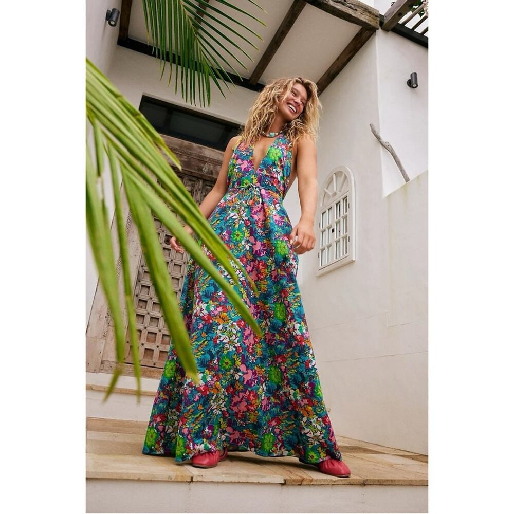 Free People Retro 60s 70s Floral Psychedelic Saffron Halter Maxi Dress Large - Picture 3 of 14